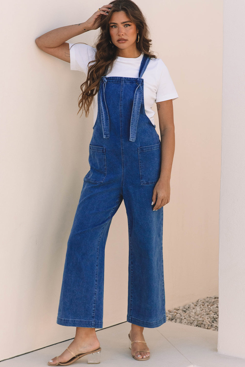 Elodie Knotted Strap Wide Leg Denim Overalls