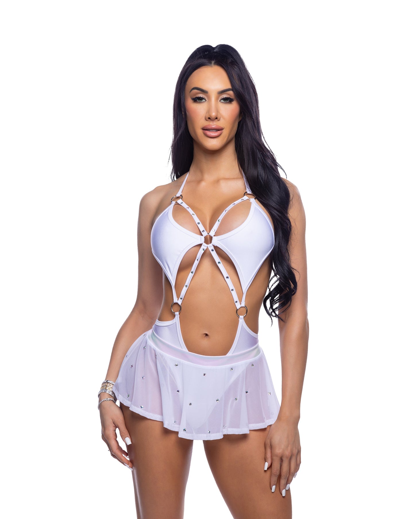 Bedazzled Mesh Mini Skirt with Rhinestone Detail