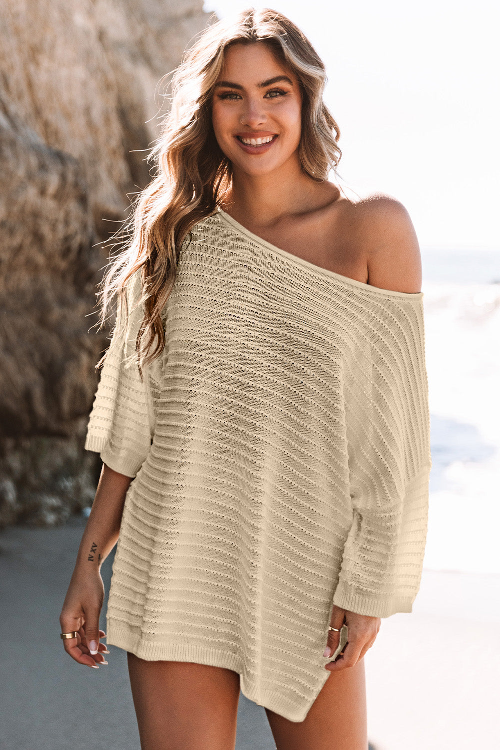 SimoneTextured Knit Drop Shoulder Short Sleeve Sweater