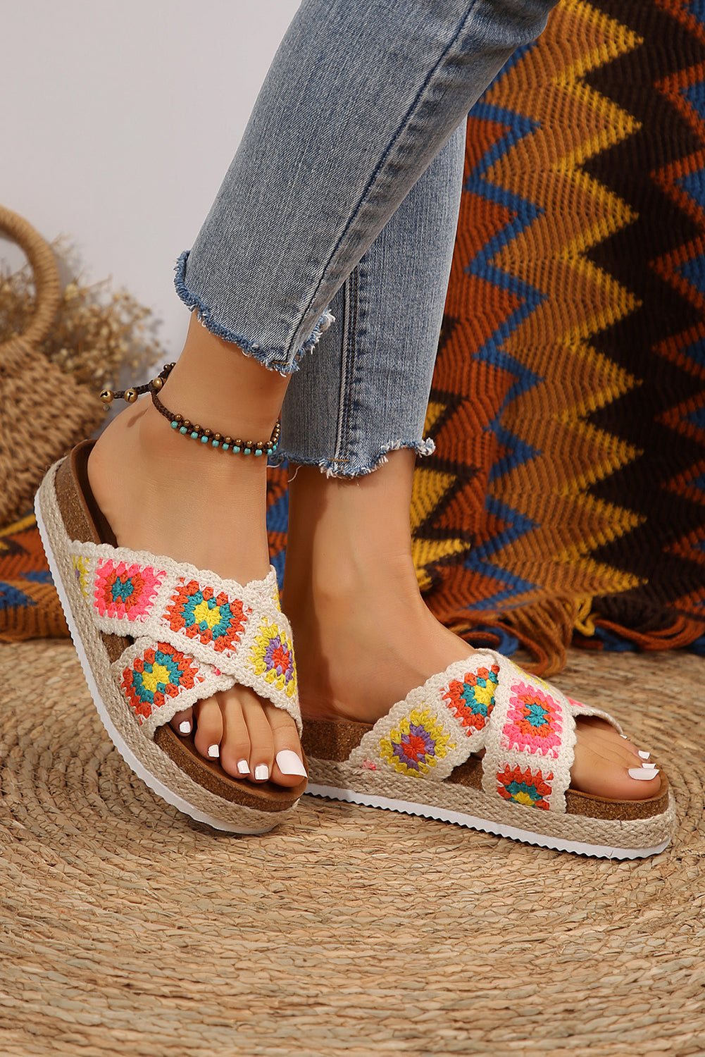 Geometric Woven Crisscross Strap Platform Slippers