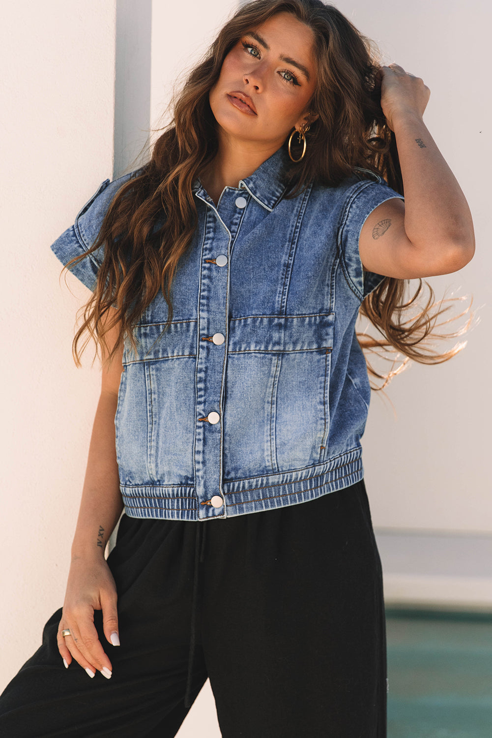 Nora Blue Acid Wash Elastic Hem Button Up Denim Vest