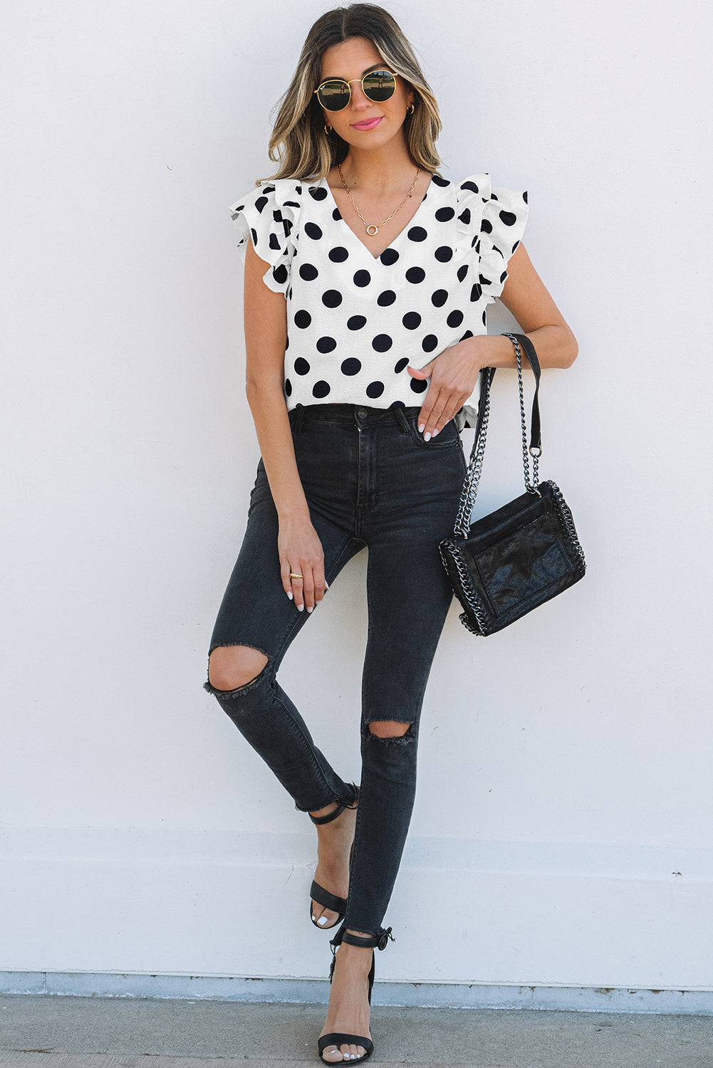 Halo Polka Dot Ruffled Sleeve V Neck Blouse
