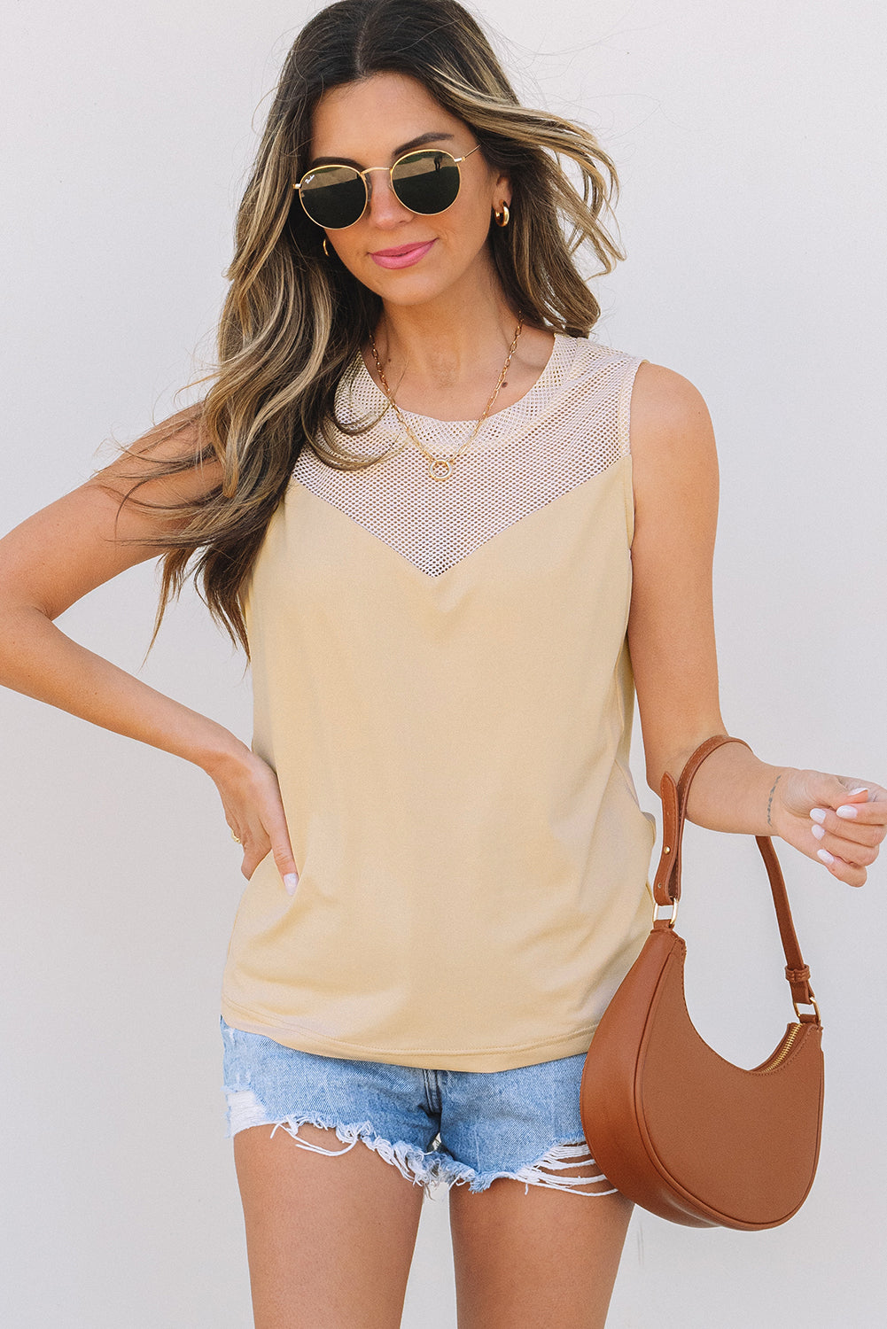 Milena Mesh Patchwork Crew Neck Tank Top