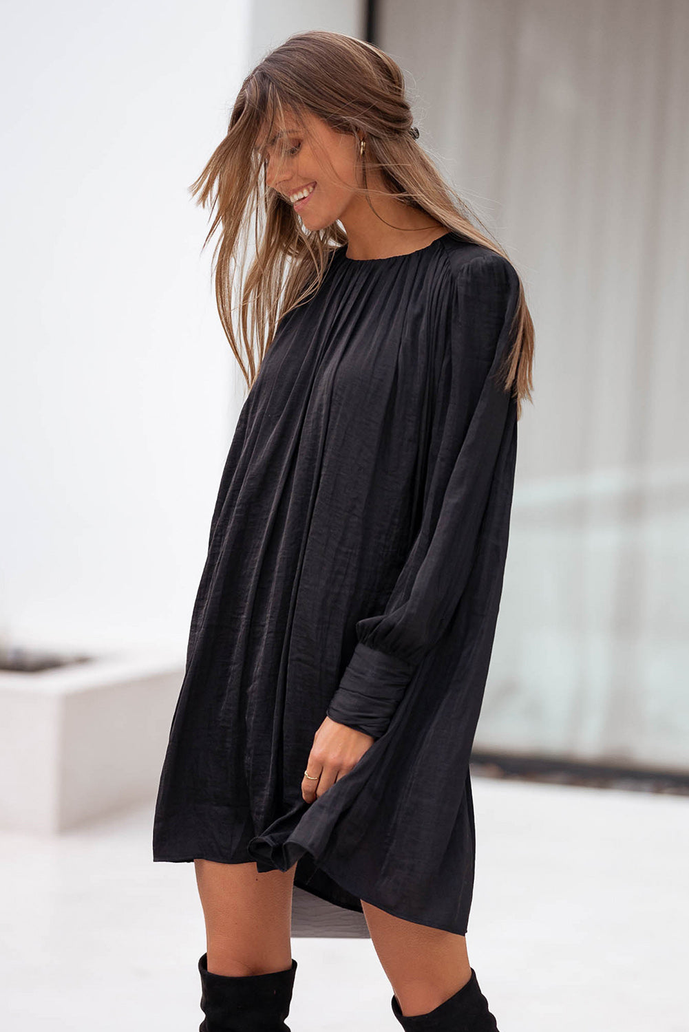 Rowan Solid Bishop Sleeve Pleated Mini Dress