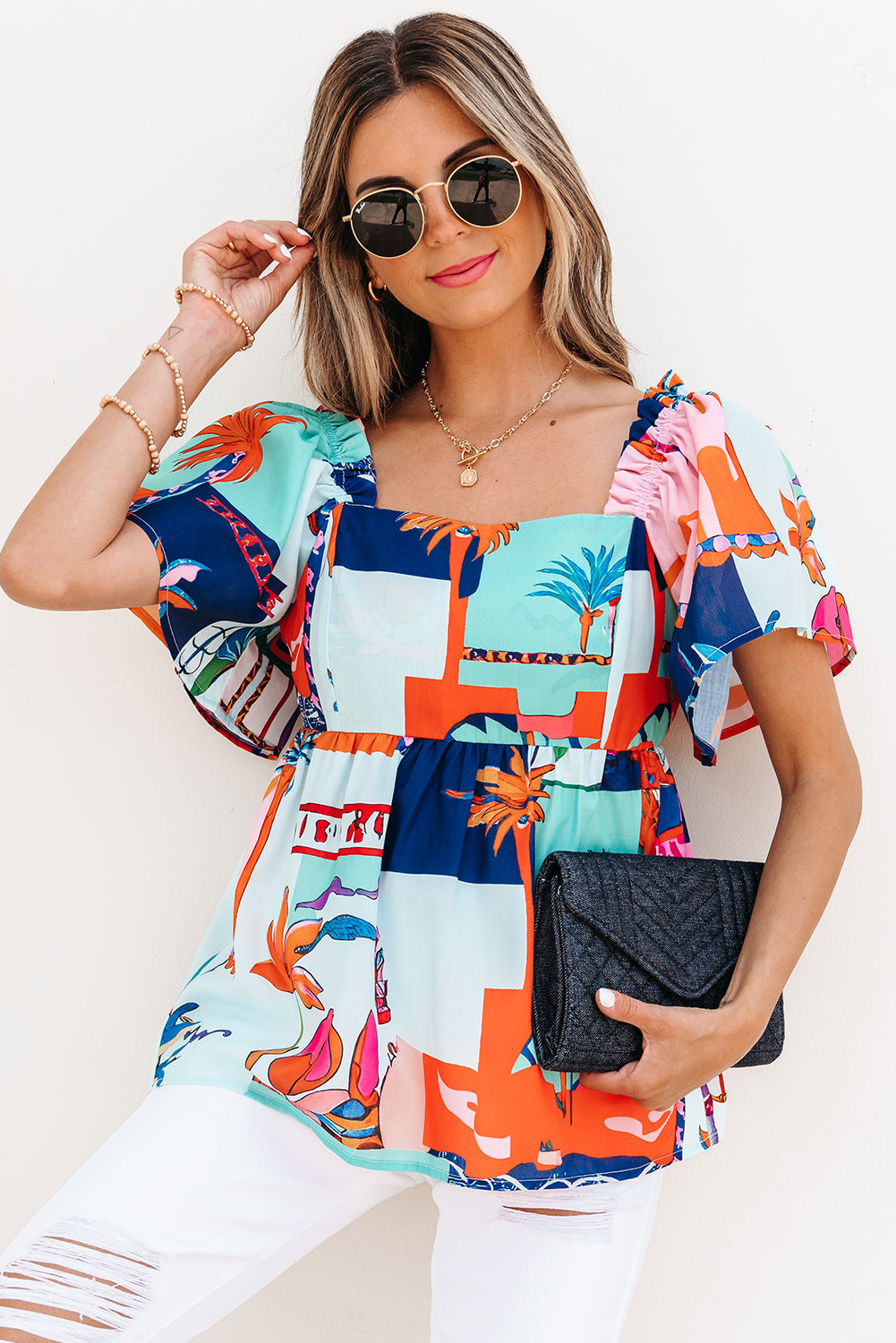 Payton Tropical Flutter Sleeve Babydoll Blouse