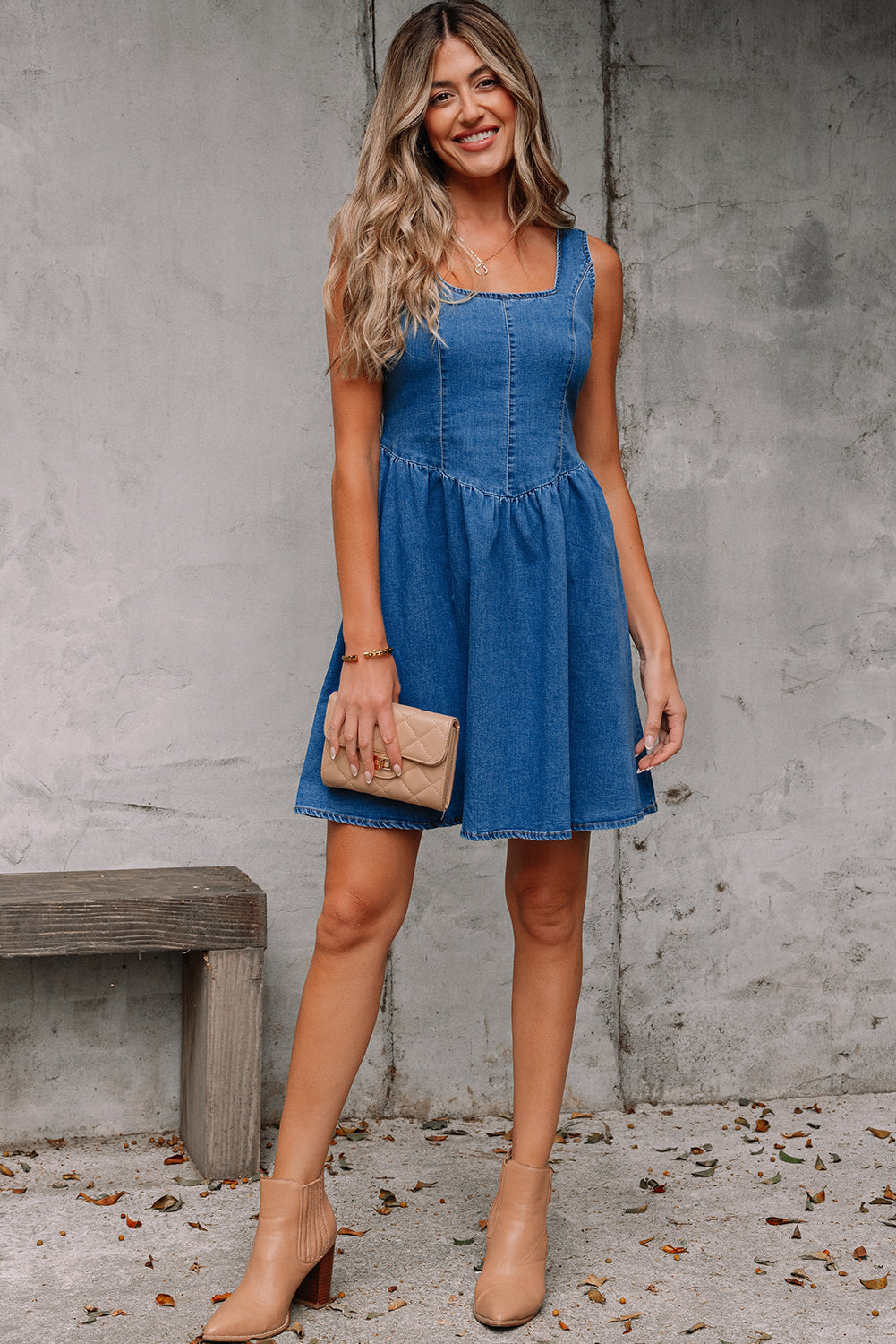 Emily Square Neck Bowknot A-line Denim Dress