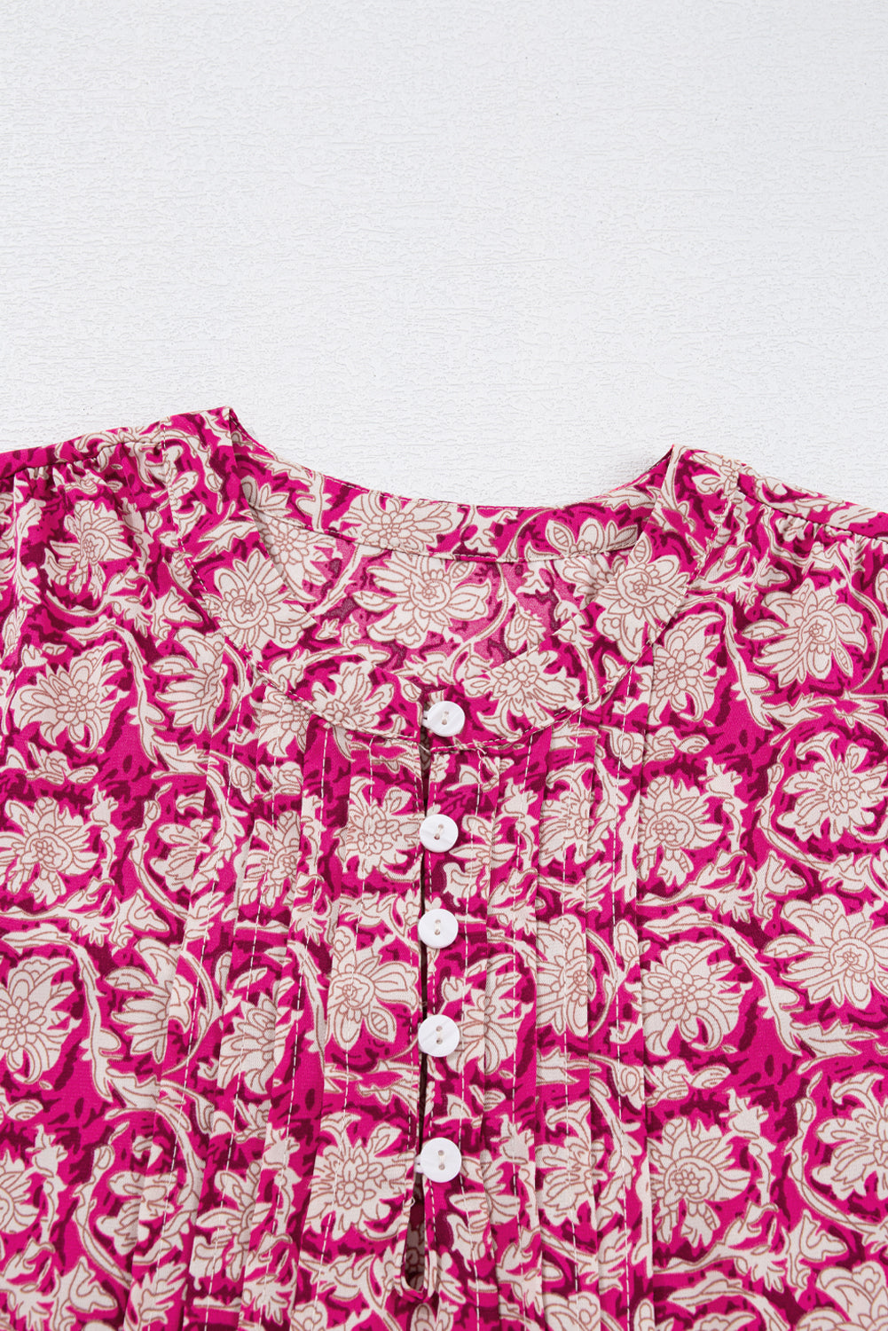 Pink Floral Print Split Neck Pleated Puff Sleeve Blouse