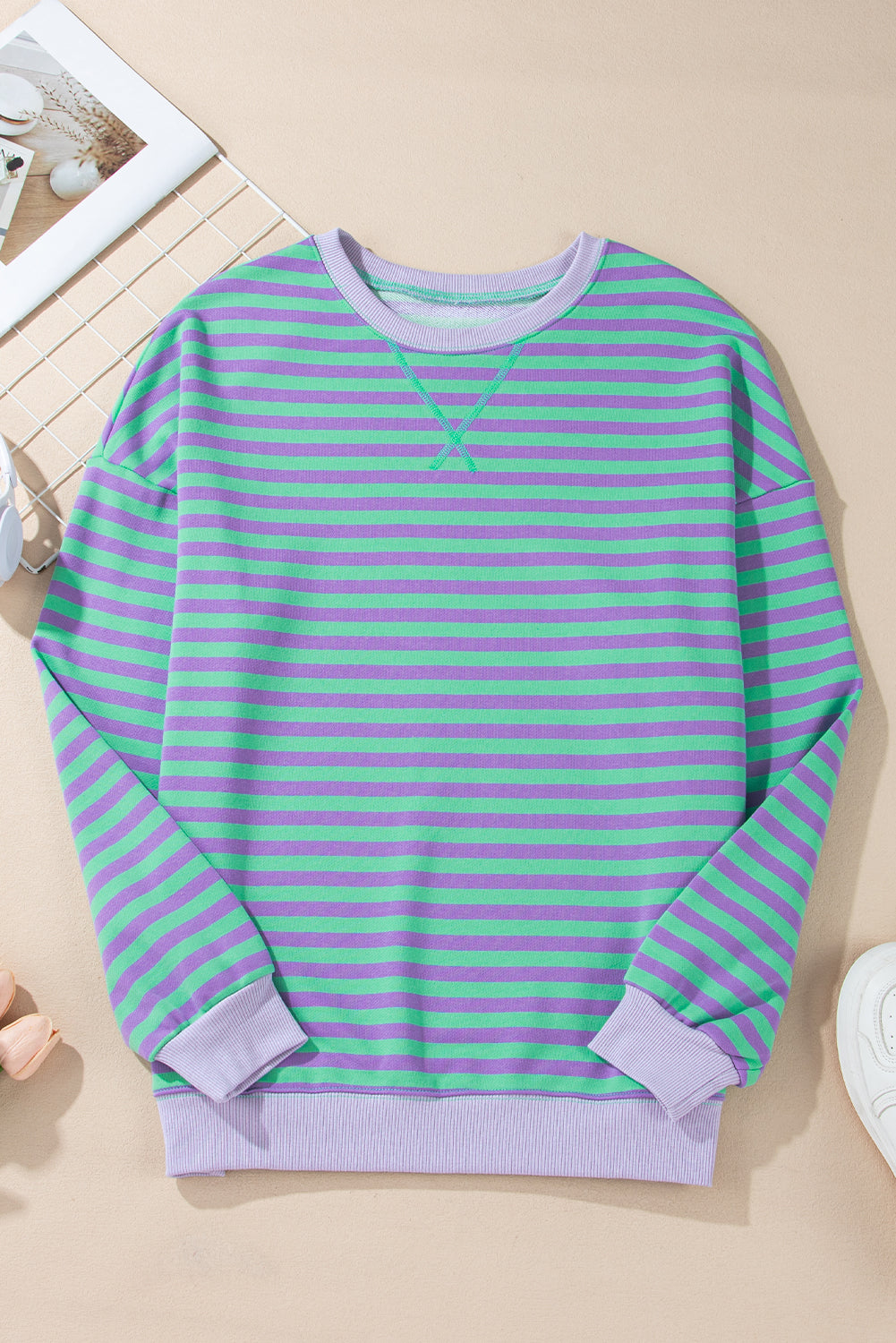 Elliana Stripe Crossed Stitch Drop Shoulder Sweatshirt