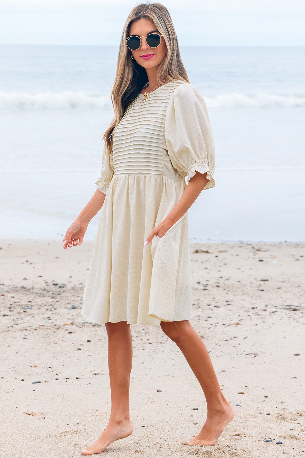 Dania Textured Ruffled Puff Sleeve Loose Dress
