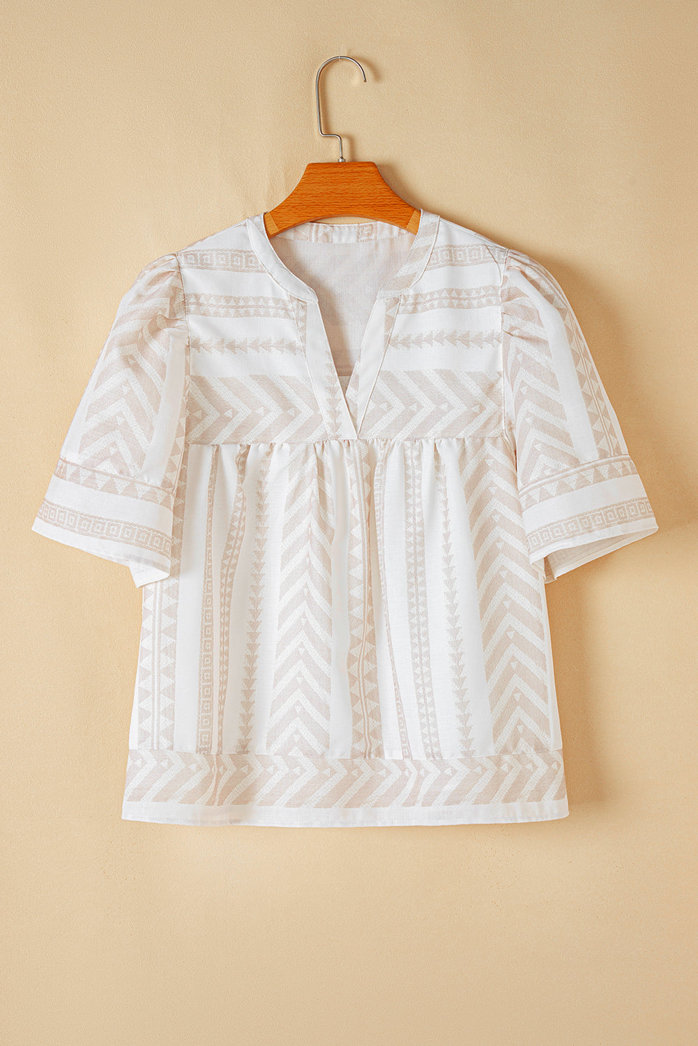 Analia Jacquard Split V Neck Short Sleeve Blouse
