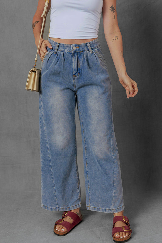 Scottie Blue Washed Pleated Detail Wide Leg Jeans
