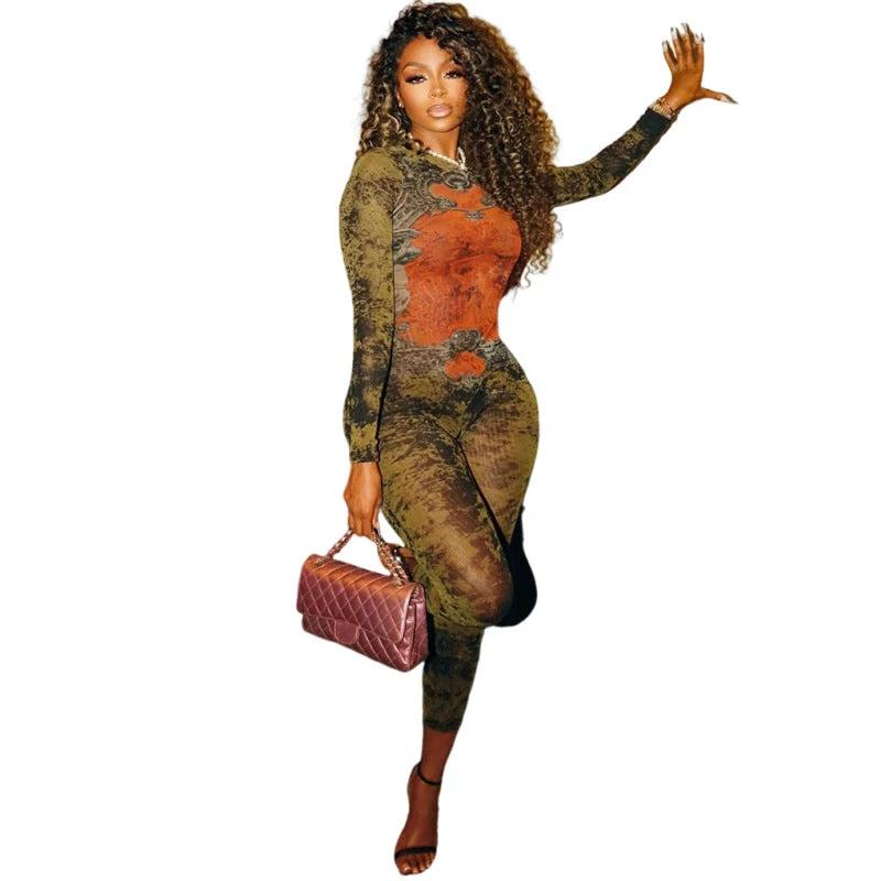 Women's Printed Sexy Mesh High Waist Zipper Jumpsuit
