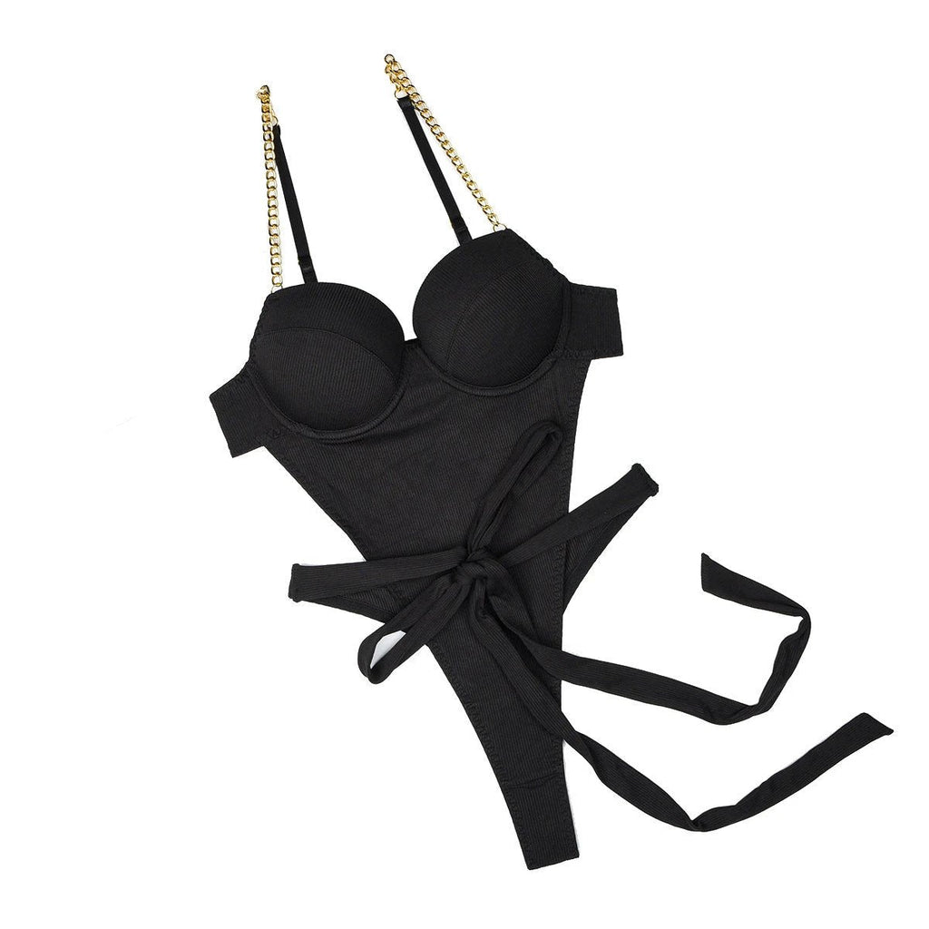 Metal Chain Strap Backless Bodysuit