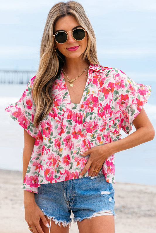 Zoya Floral Ruffled Short Sleeve Blouse