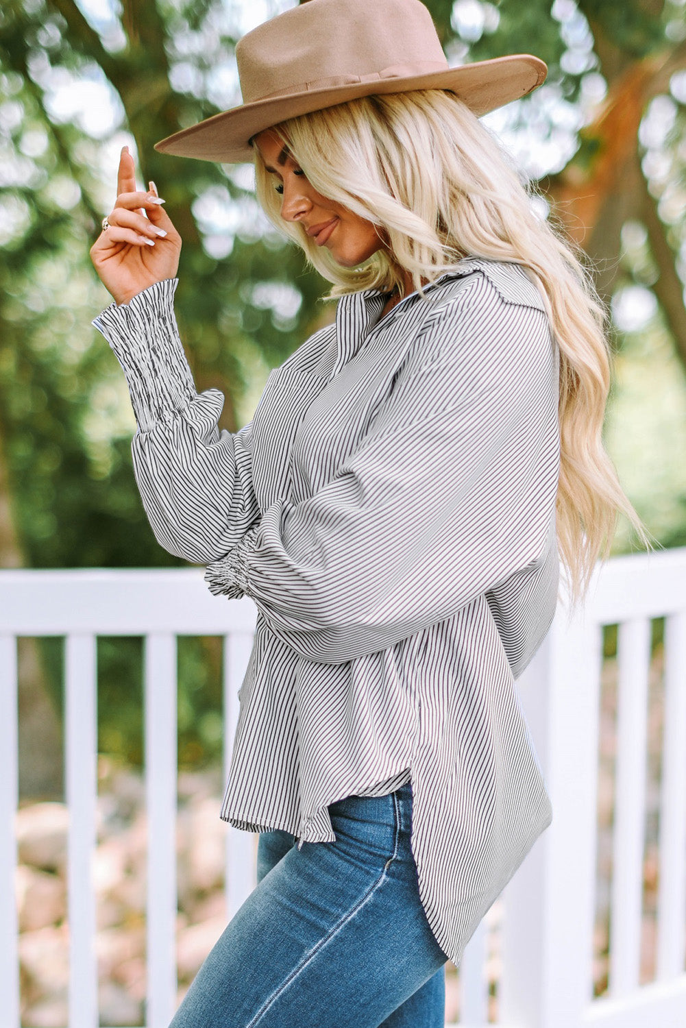 Skye Smocked Cuffed Striped Boyfriend Shirt with Pocket