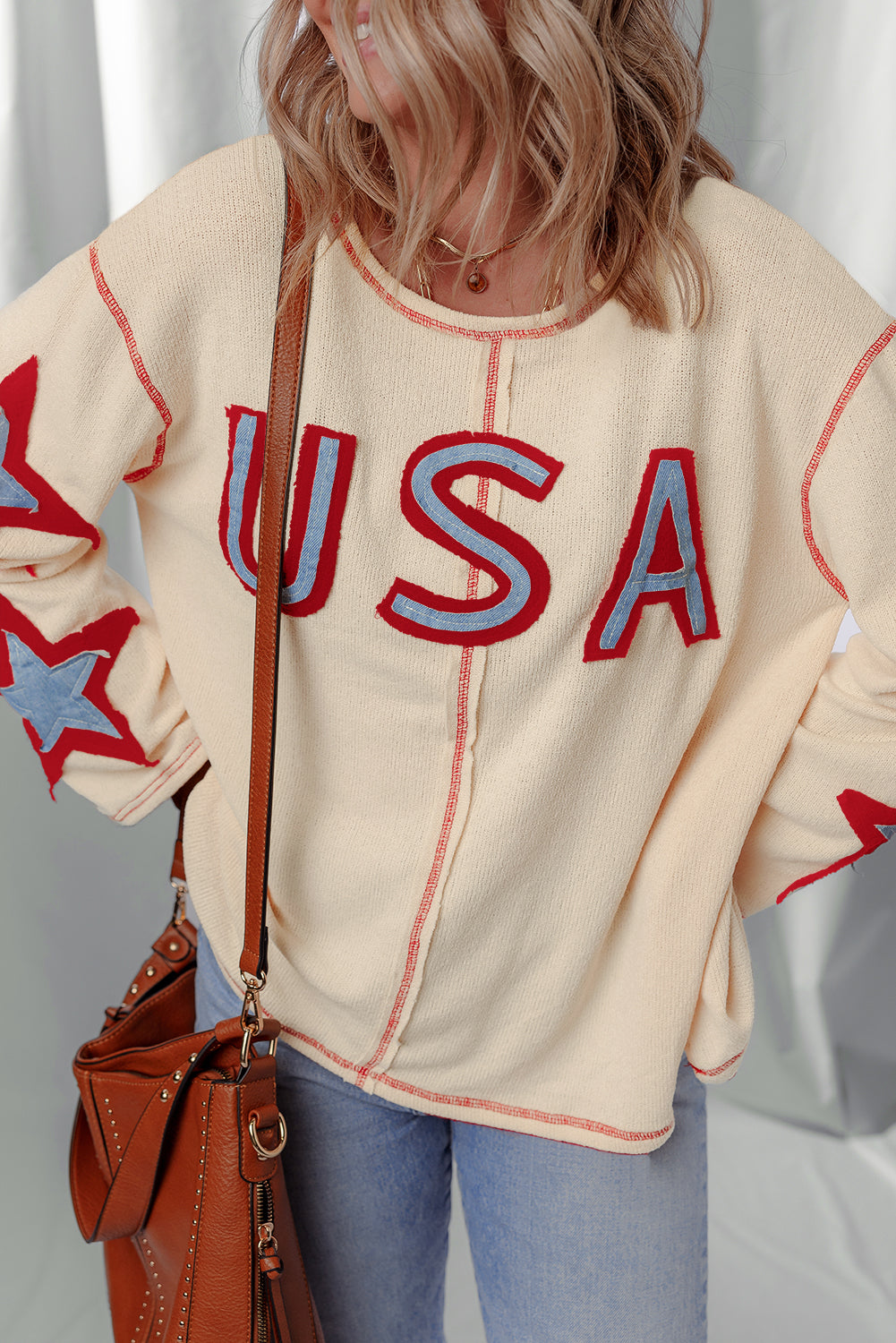 USA Patchwork Exposed Seam Long Sleeve Top