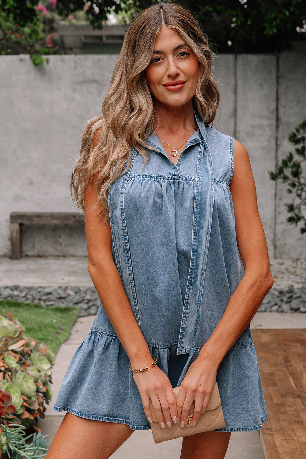 Clare Sleeveless Ruffled Chambray Dress