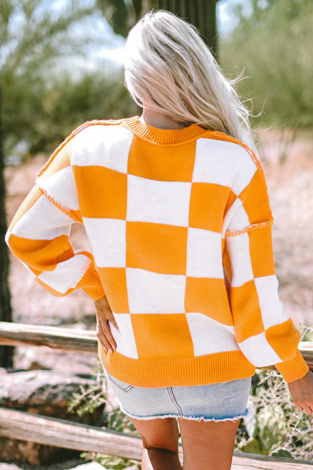 Ashley Checkered Bishop Sleeve Sweater