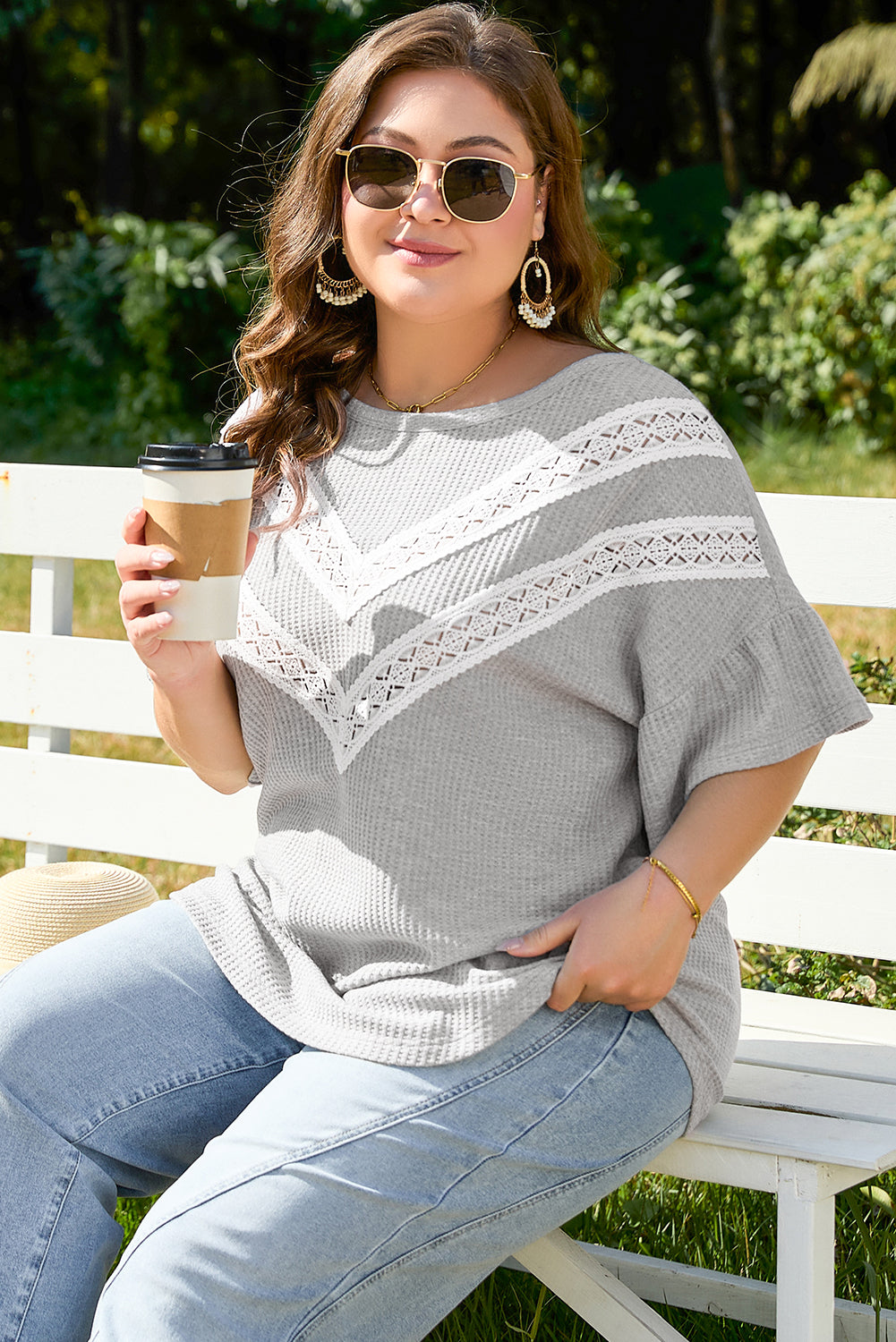 Rory Plus Size Lace Insert Waffle Ruffle Top