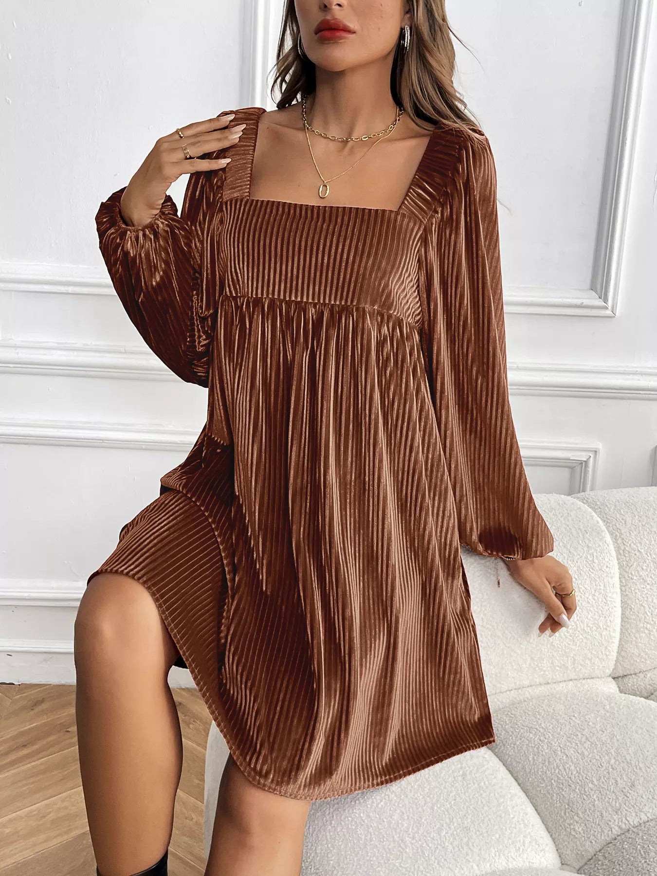 Velvet Square Neck Long Sleeve Dress