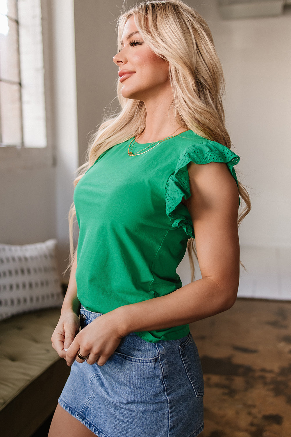 Nellie Embroidered Ruffled Sleeve Slim Fit Crew Neck Top