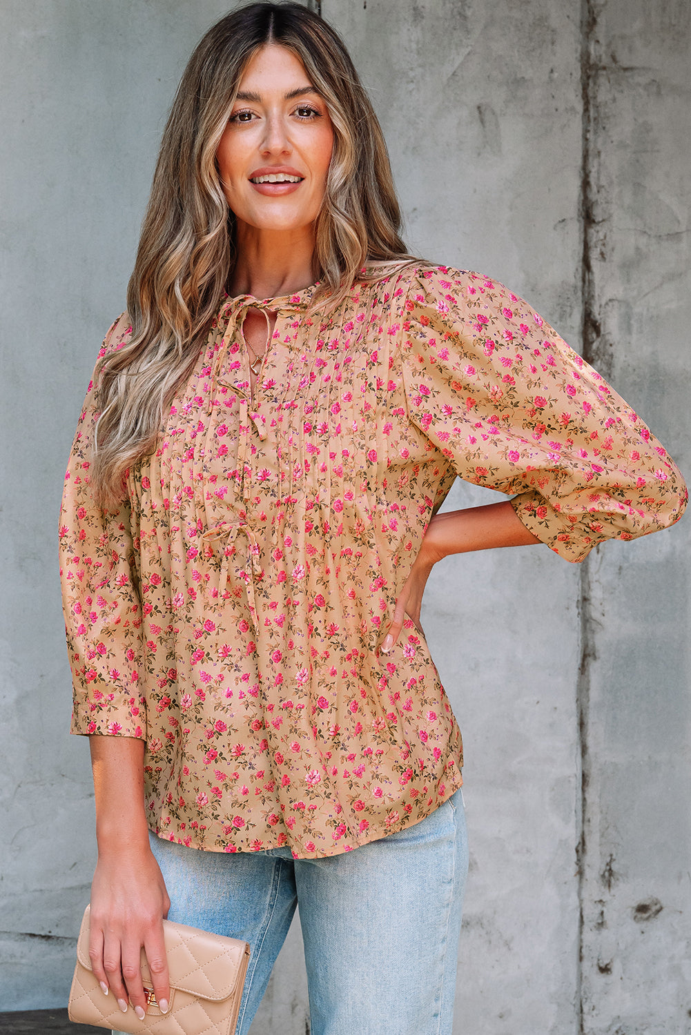 Sadie Floral Bow Pin-tuck Bust Half Puff Sleeve Blouse