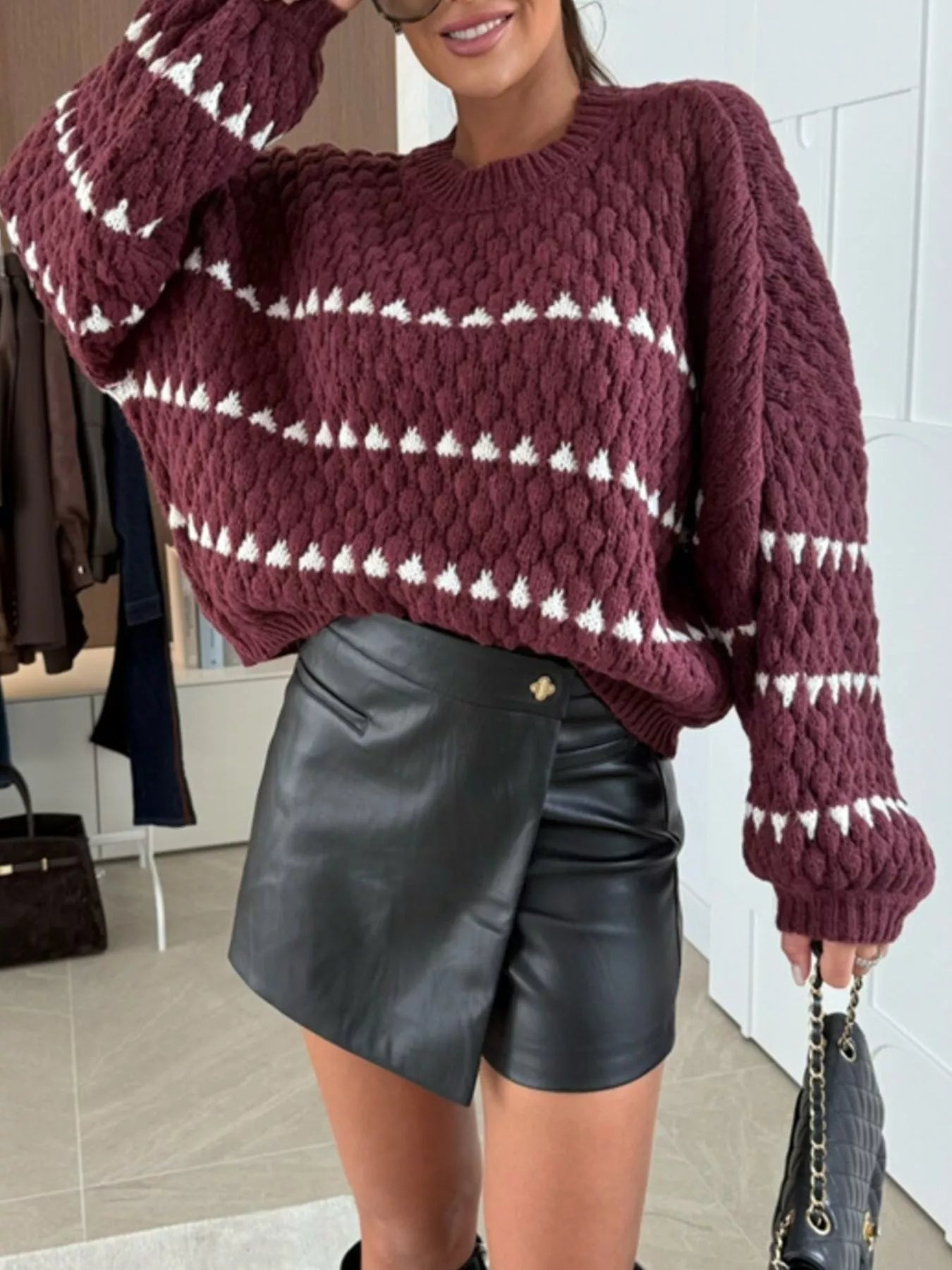 Chunky Knit Striped Sweater with Balloon Sleeves