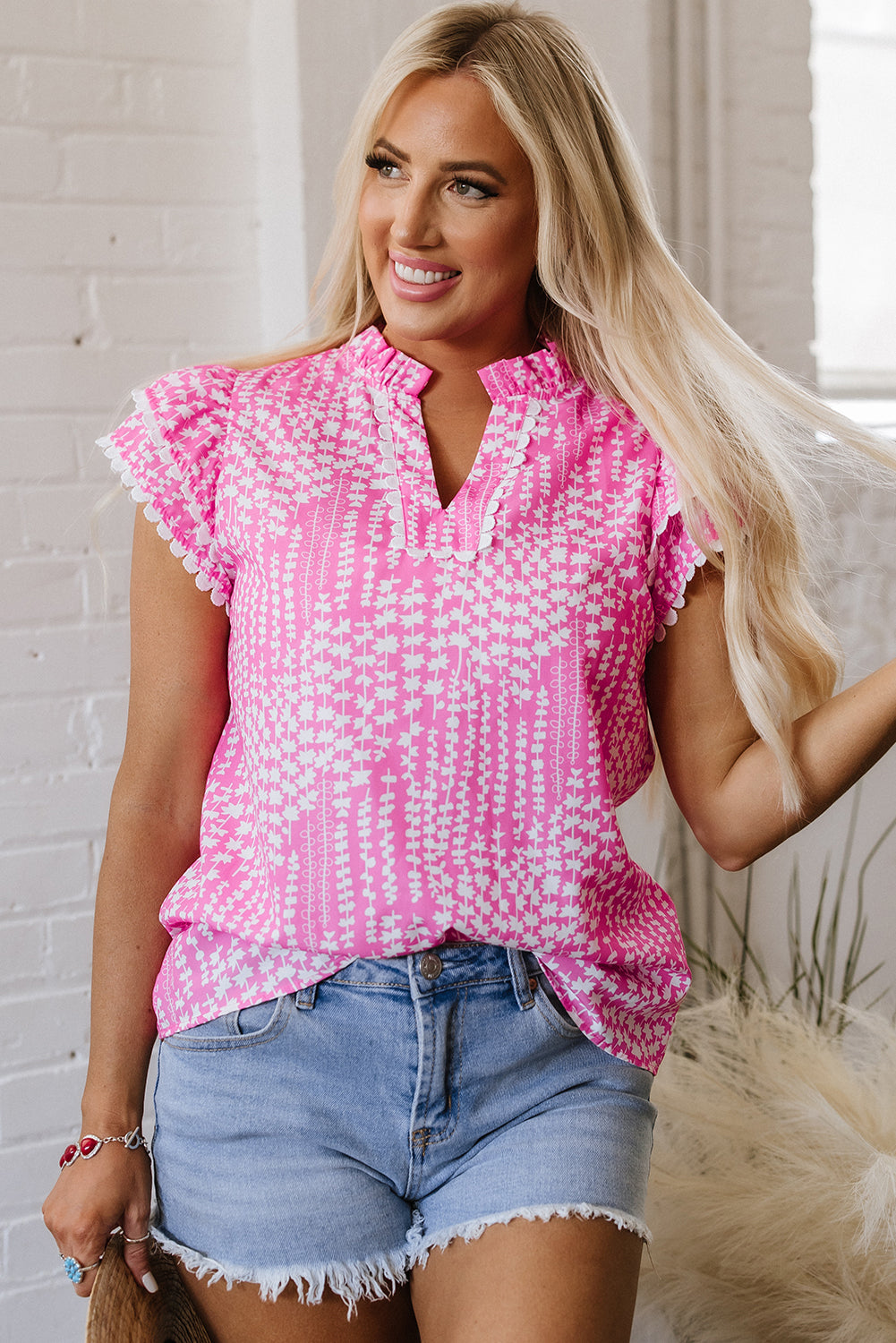 Cynthia Ric Rac Trim Flutter Sleeve Notch V Neck Blouse