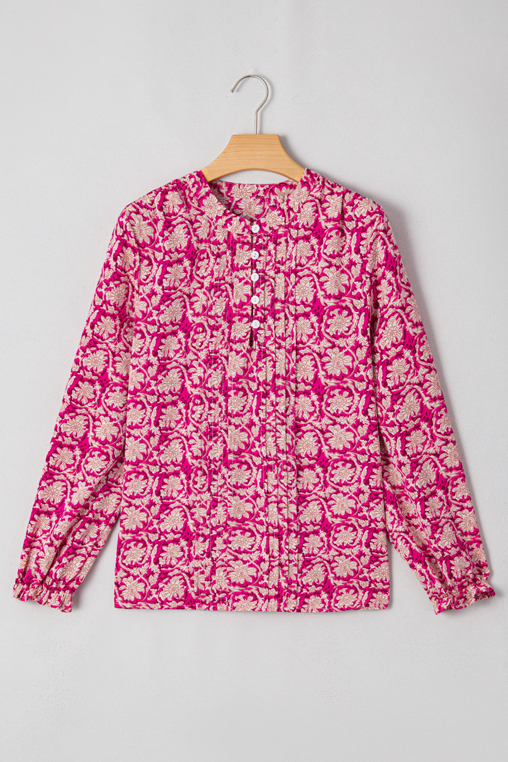 Pink Floral Print Split Neck Pleated Puff Sleeve Blouse