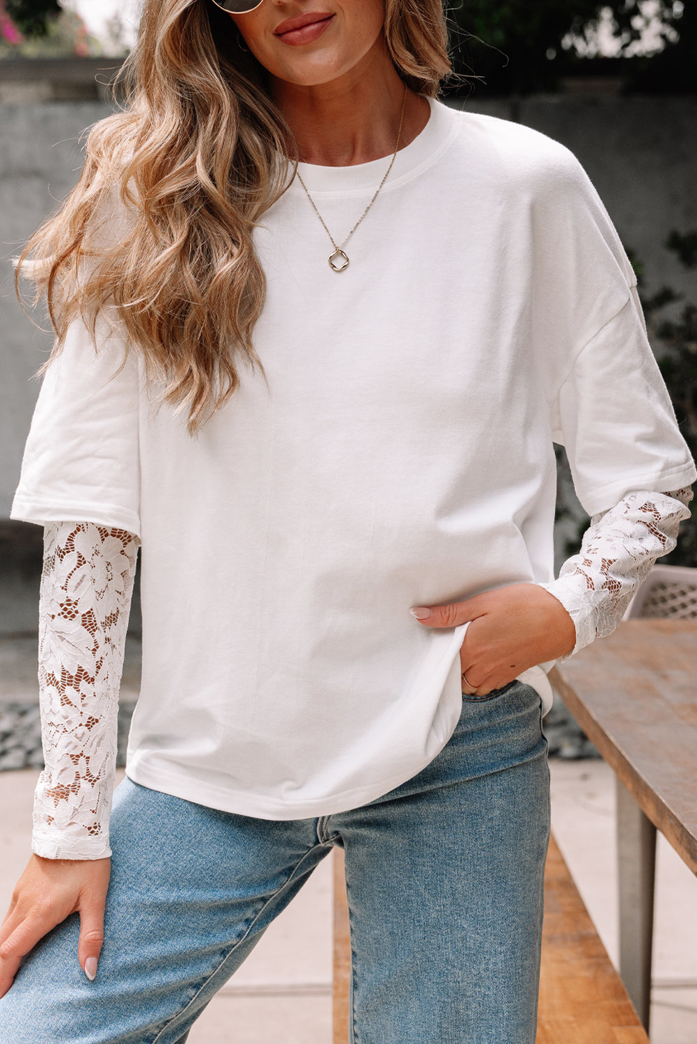 Hallie Lace Long Sleeve Insert Drop Shoulder Top