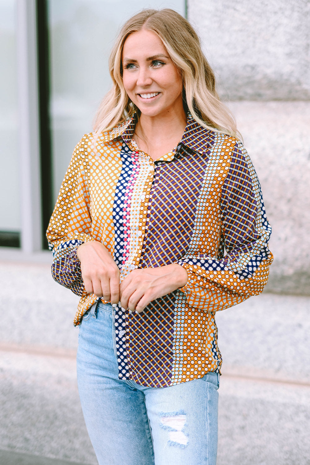 Brown Dot Print Long Sleeve Button Down Shift PLUS Shirt