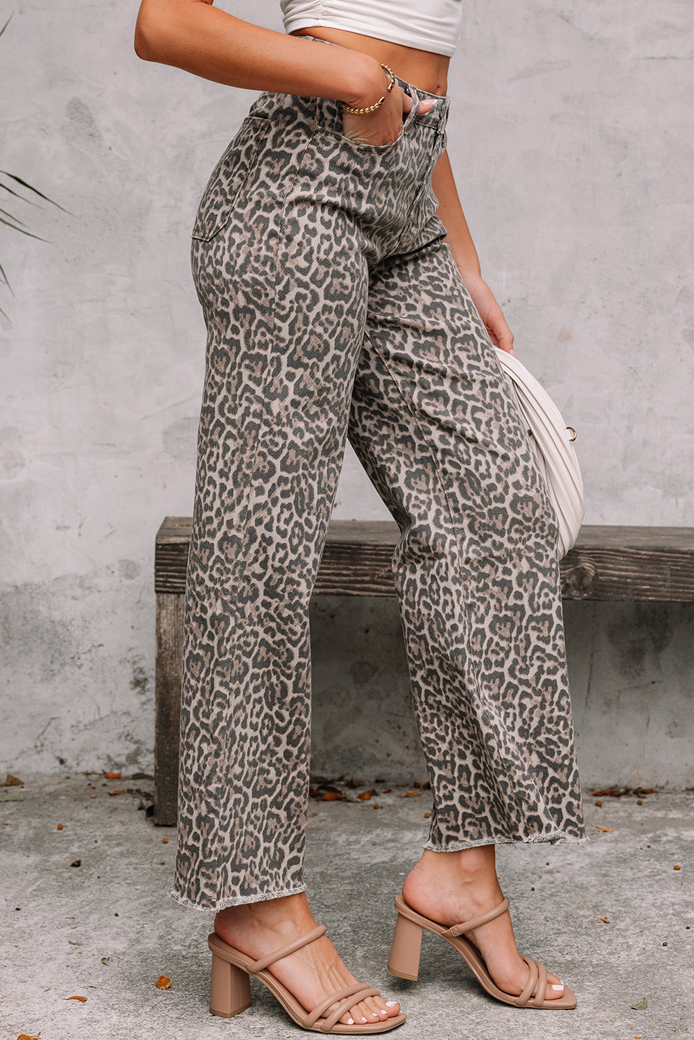 Brianna Leopard Frayed Edge Wide Leg High Waist Jeans