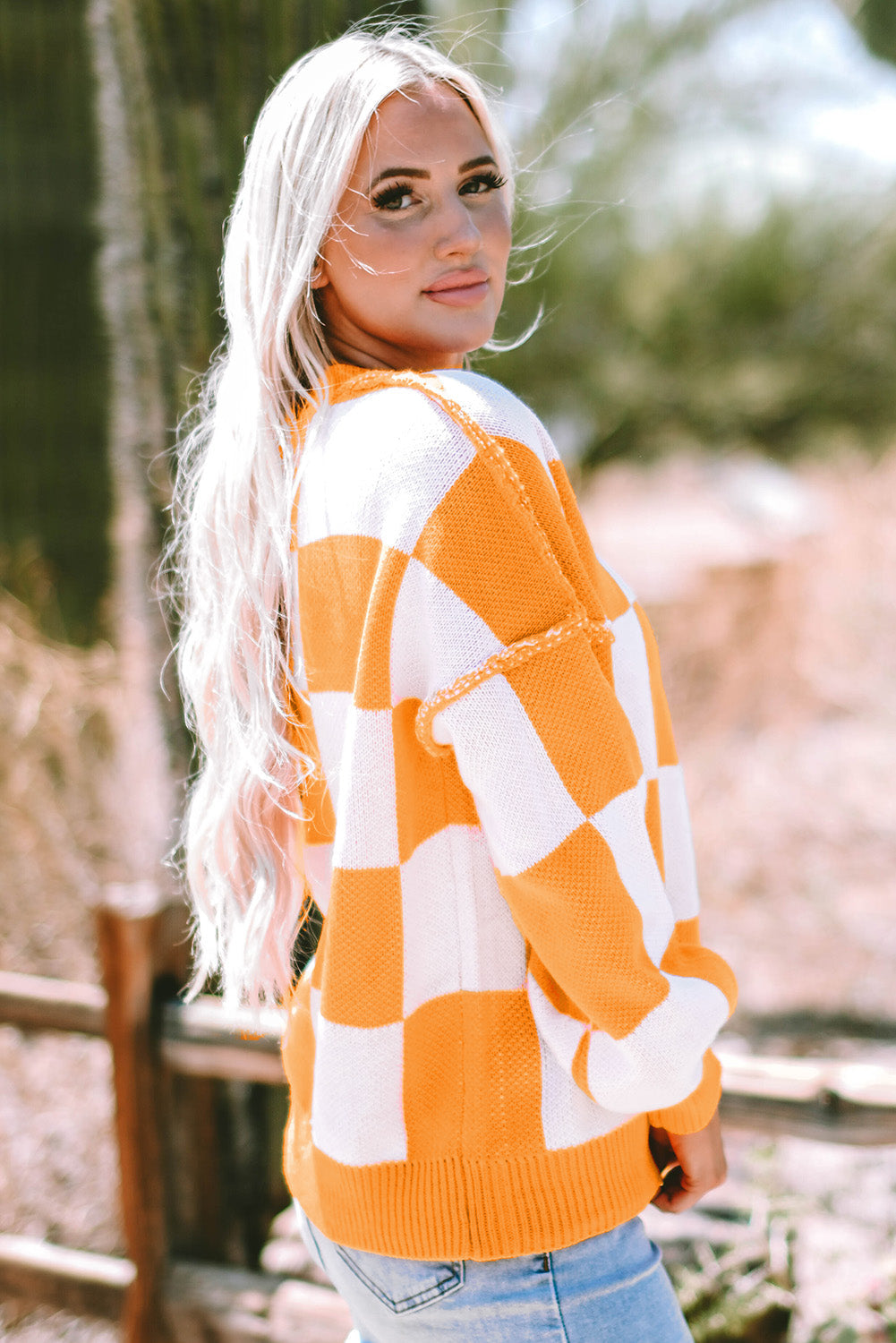 Ashley Checkered Bishop Sleeve Sweater