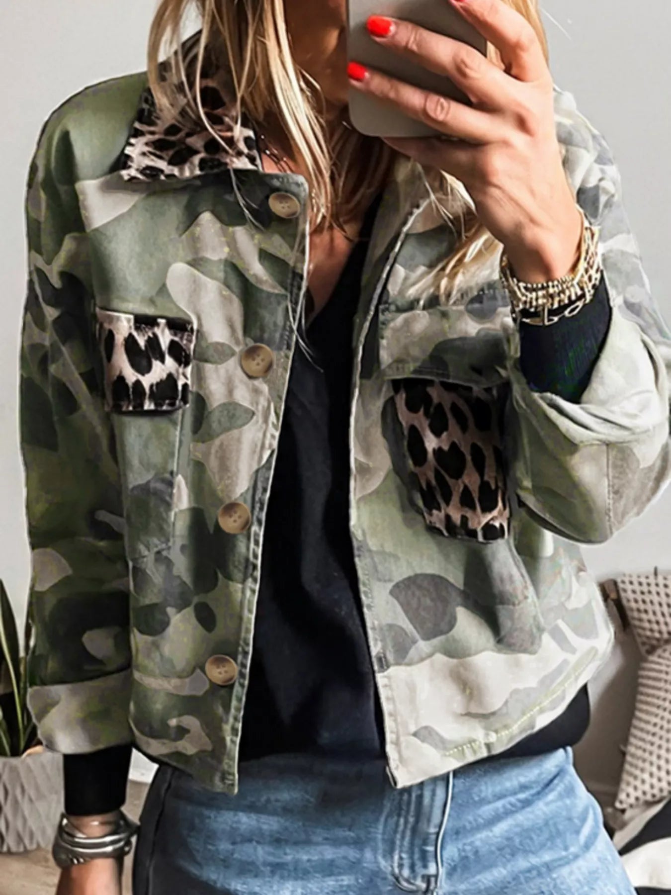 Camo Print Leopard Trim Button Up Jacket