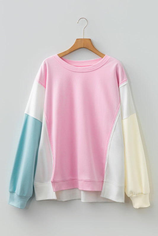Pink Colorblock Patchwork Drop Shoulder Plus Size Sweatshirt