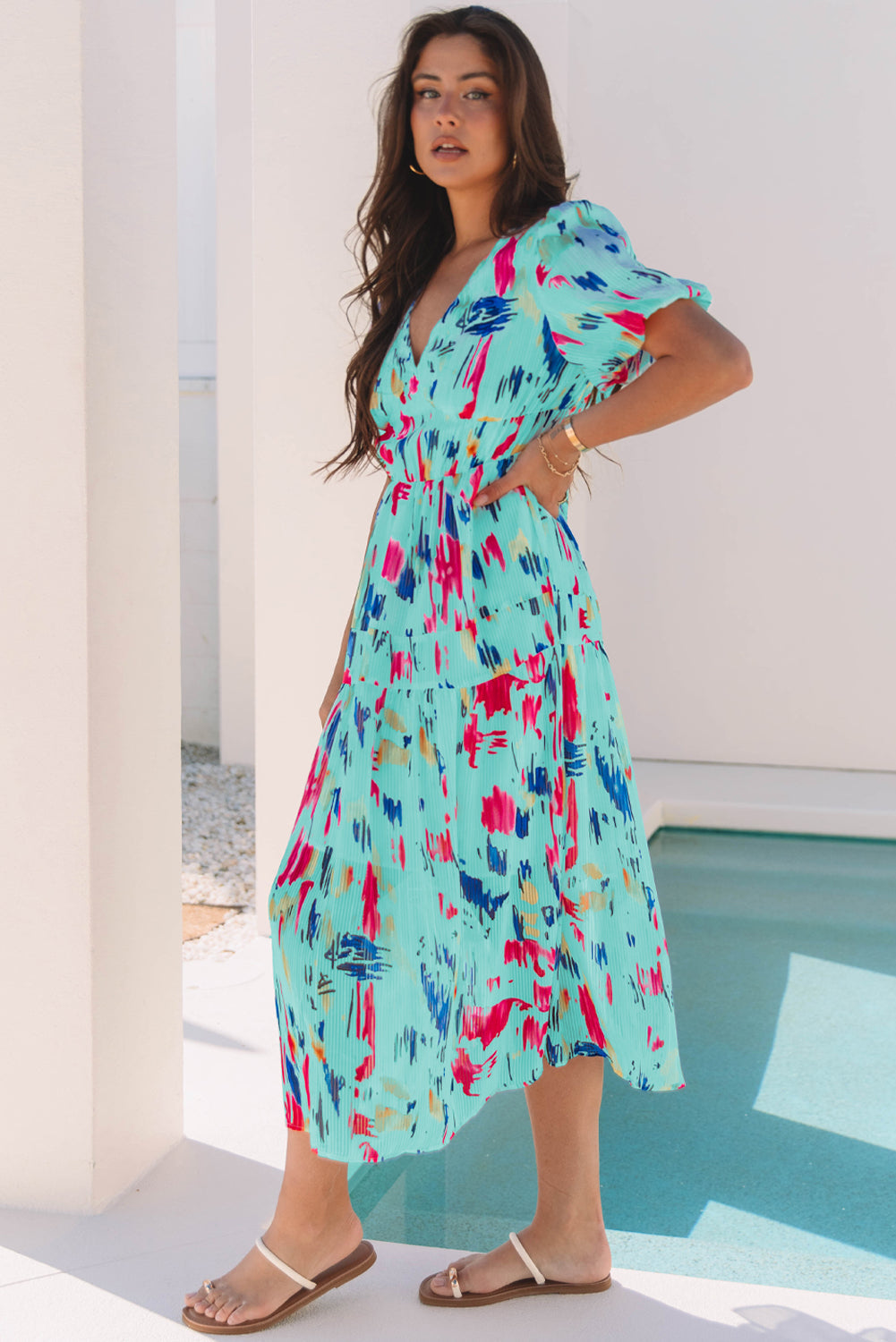 Roselyn Abstract Short Puff Sleeve Tiered Maxi Dress
