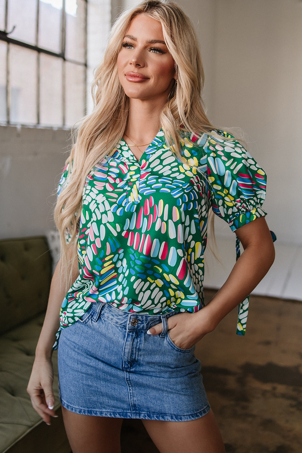 Ellianna Geometric Puff Sleeve Blouse
