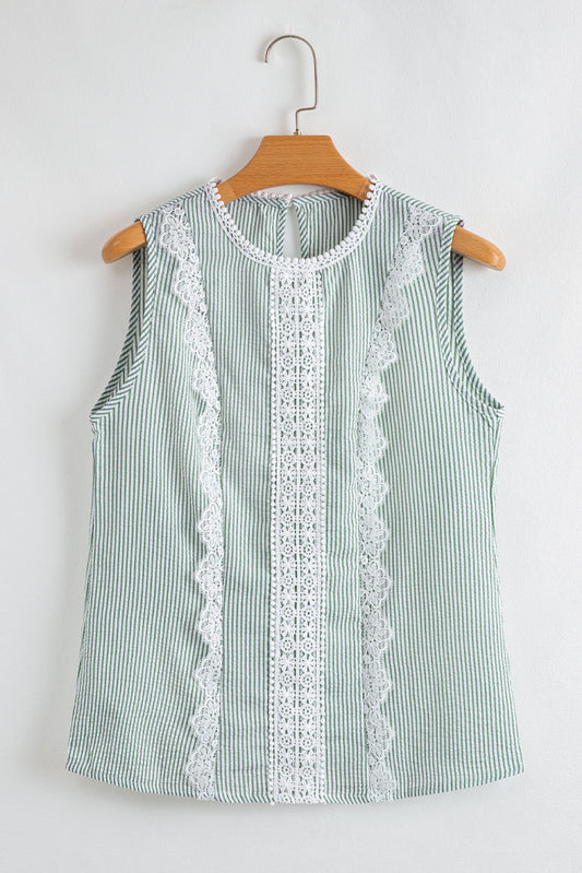 Meredith Stripe Lace Patchwork Crew Neck Tank Top