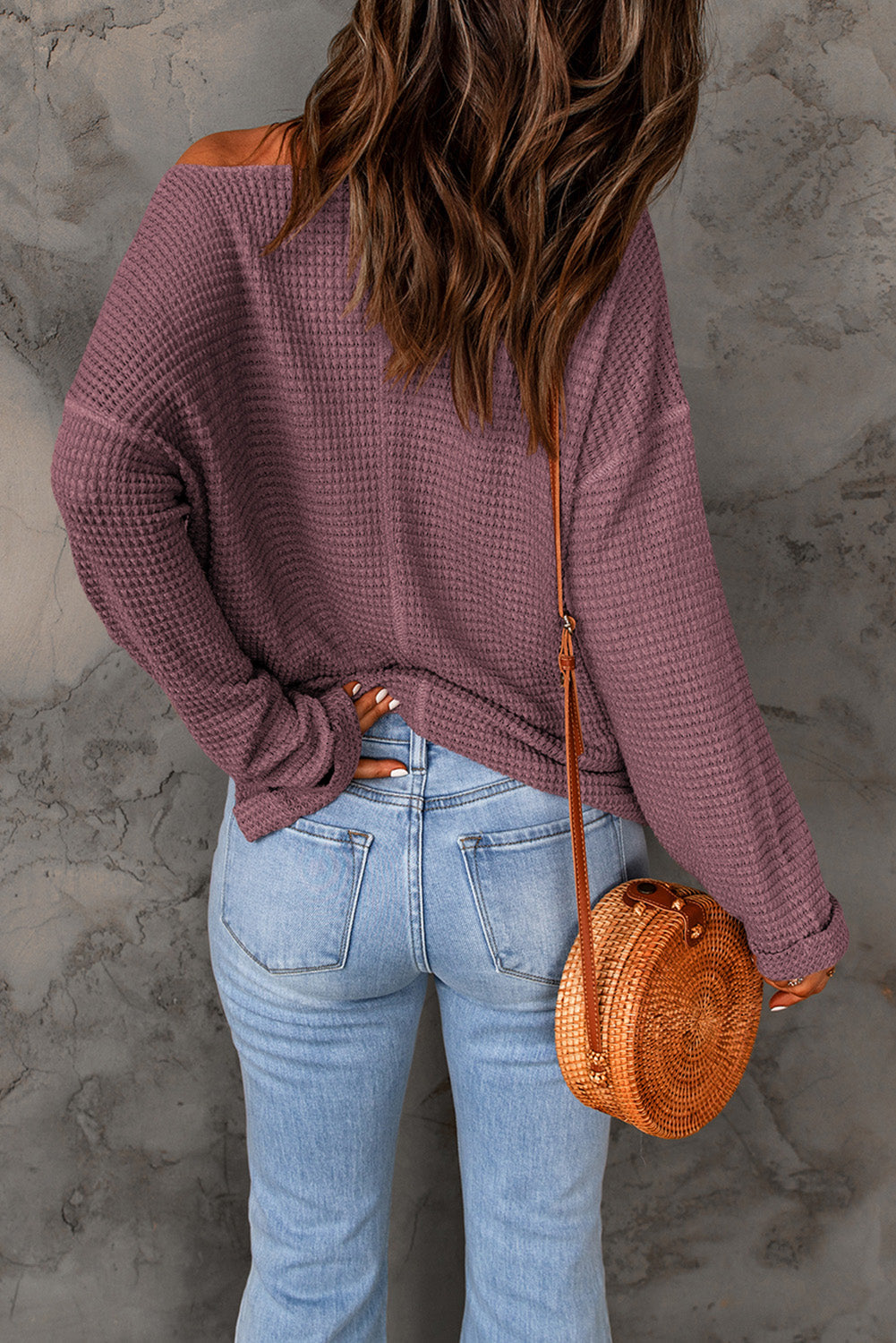 Evelyn Waffle Knit Loose Long Sleeve Top