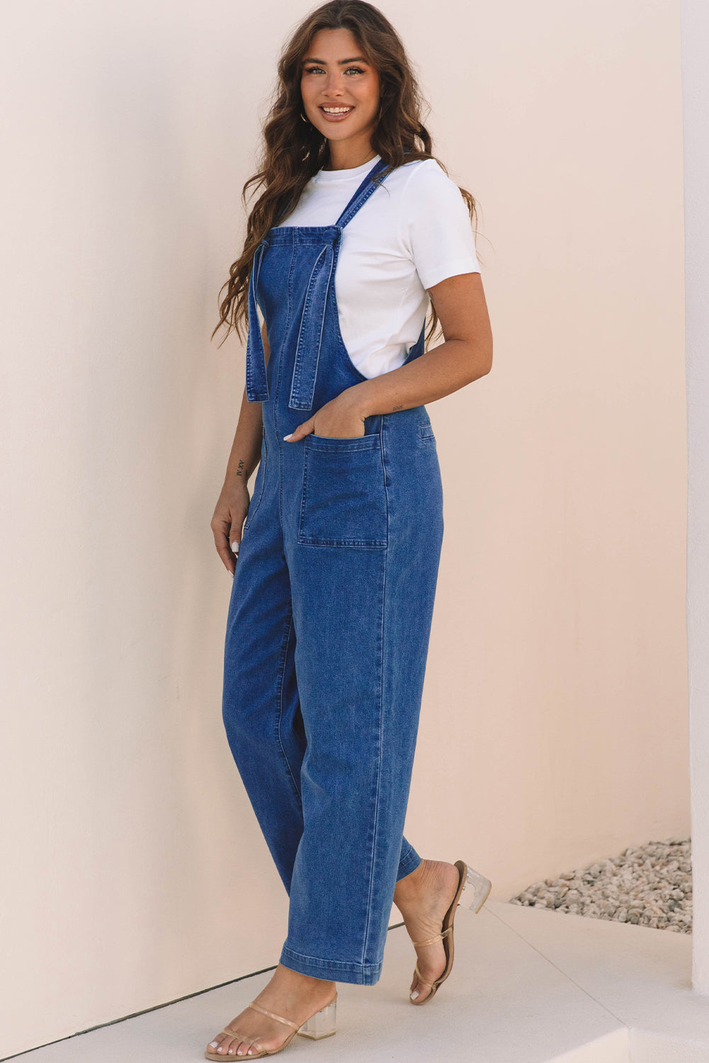 Elodie Knotted Strap Wide Leg Denim Overalls