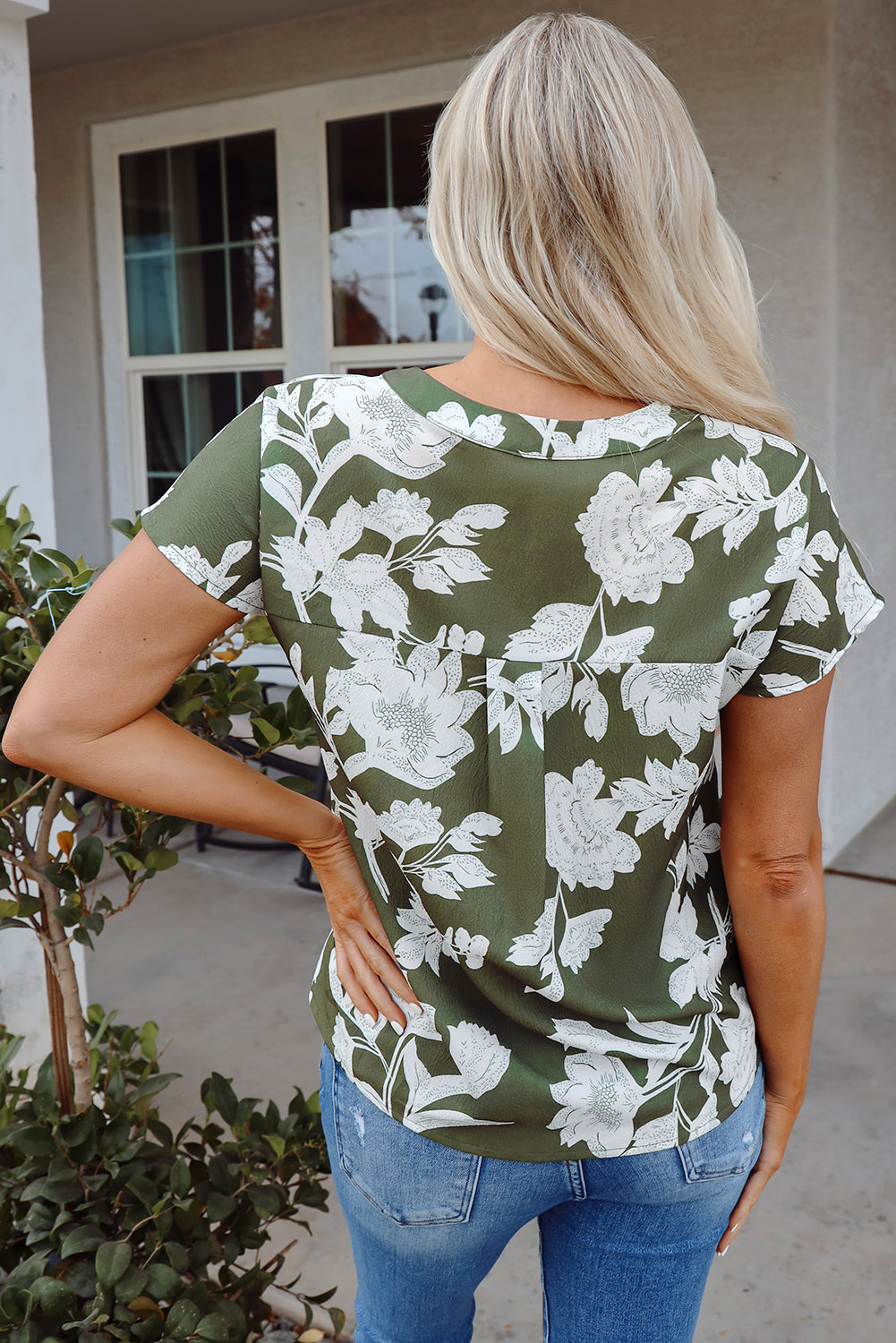 Floral Split Neck Short Sleeve Blouse