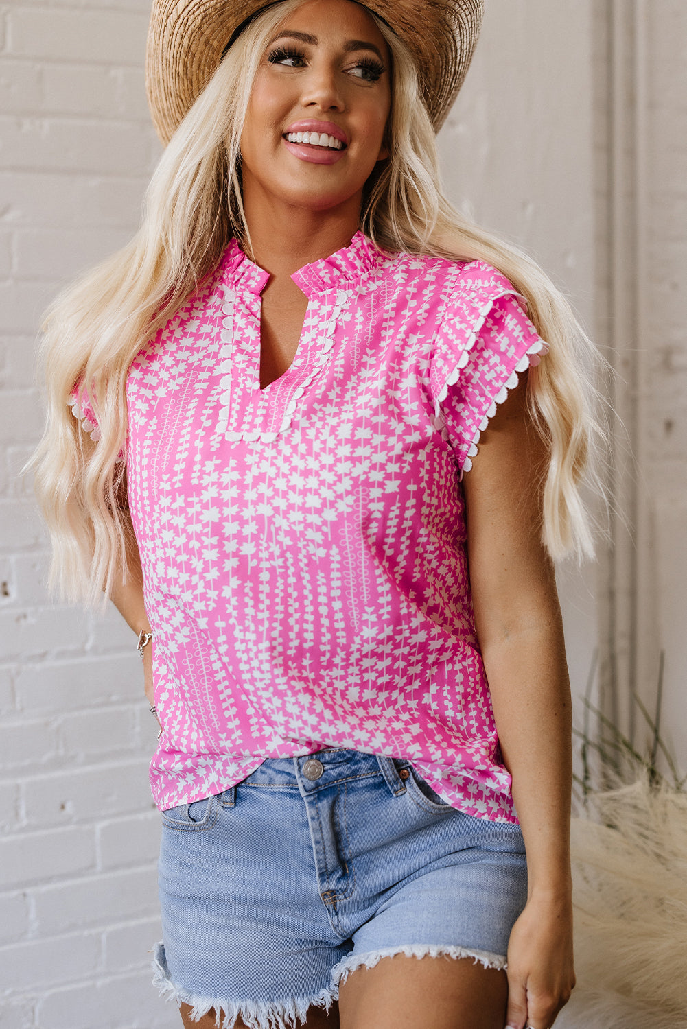 Cynthia Ric Rac Trim Flutter Sleeve Notch V Neck Blouse