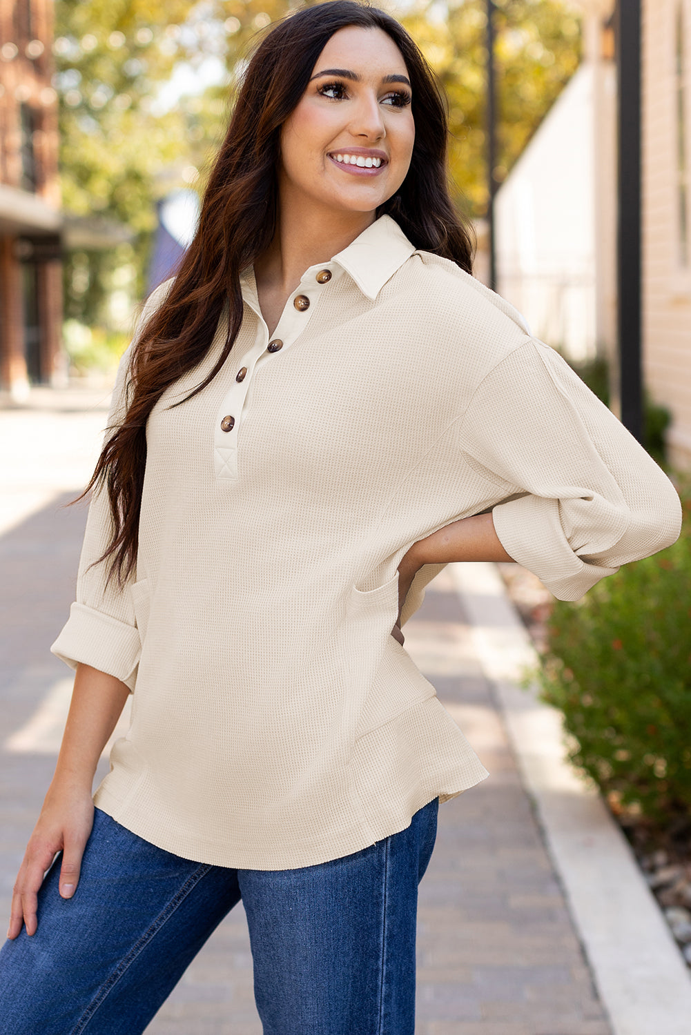 Arianna Waffle  Half Button Top.