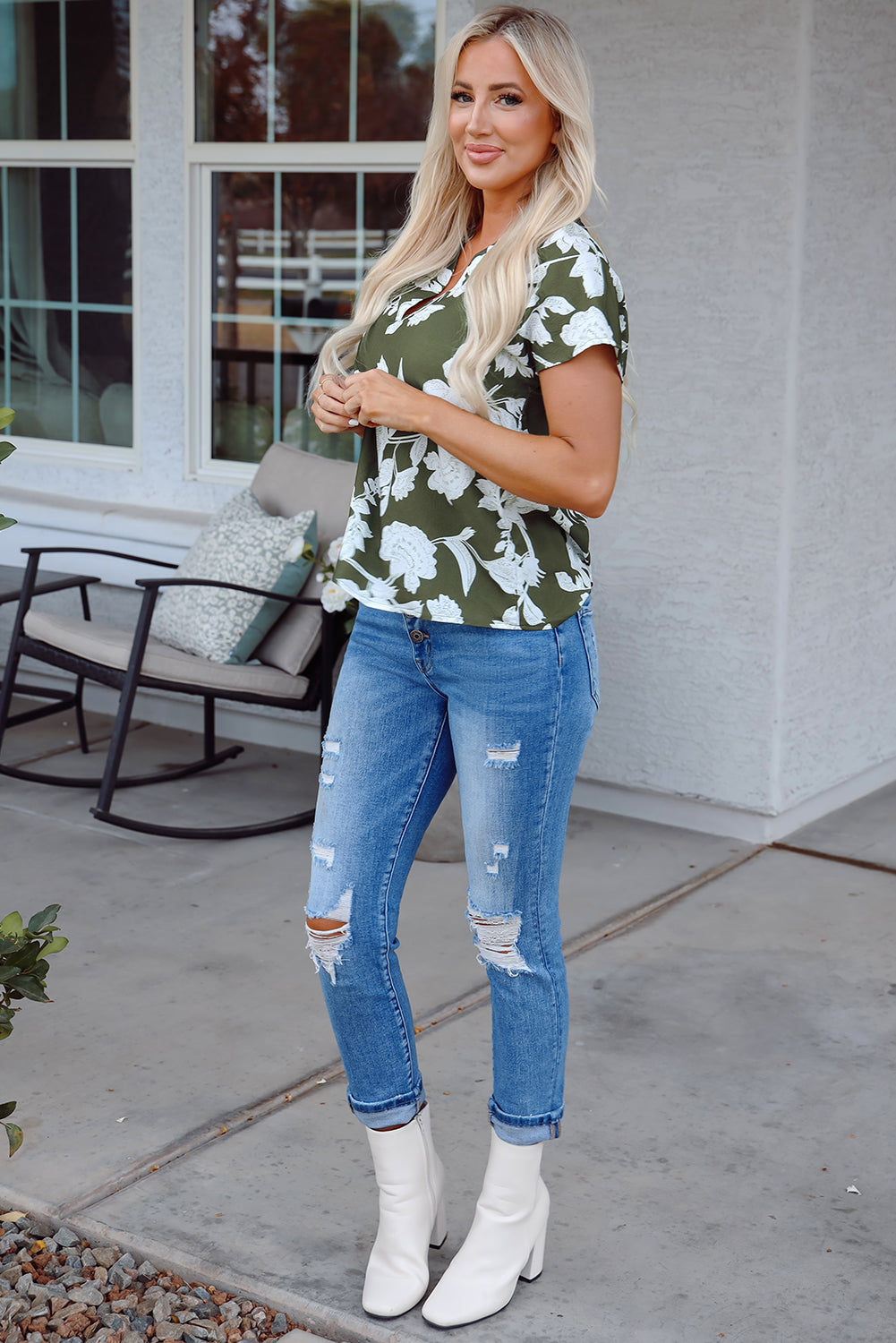 Floral Split Neck Short Sleeve Blouse