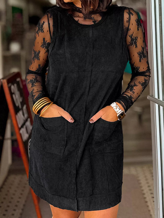 Corduroy Sleeveless Mini Dress with Patched Pockets