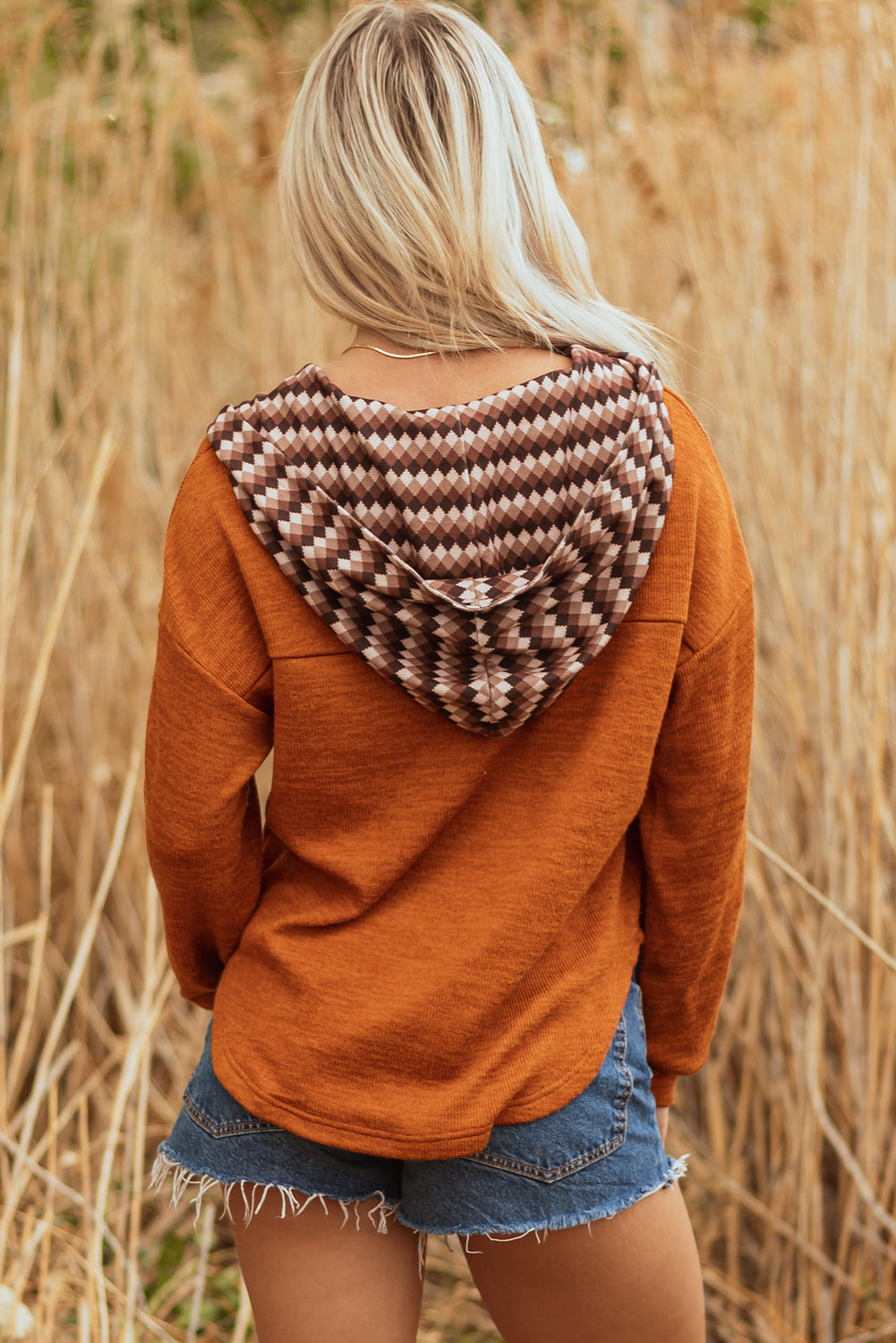 Payton Plaid Hood Patchwork Chest Pocket Henley Top