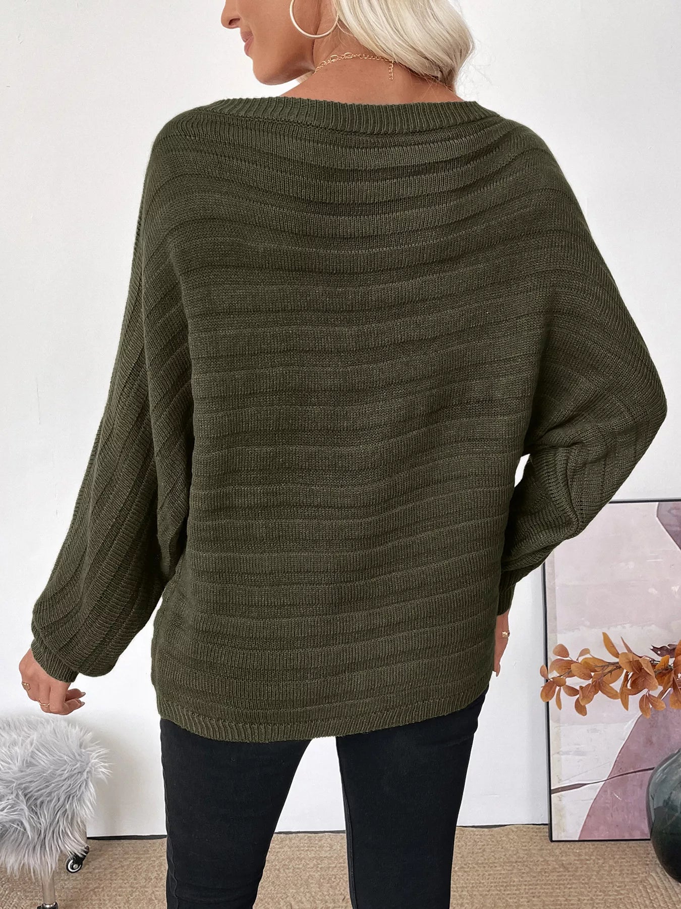 Boat Neck Ribbed Long Sleeve Sweater