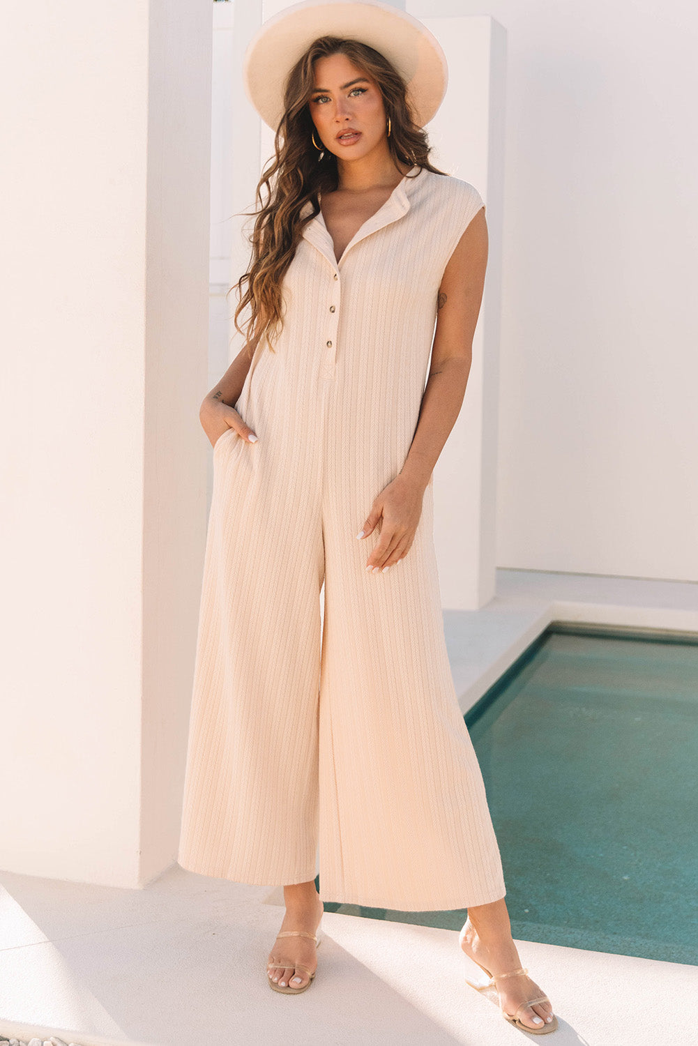 Textured Buttoned Wide Leg Sleeveless Jumpsuit