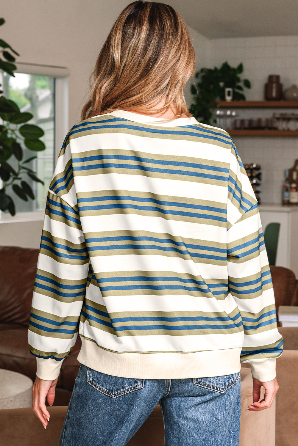 Rose Stripe Crew Neck Pullover Sweatshirt