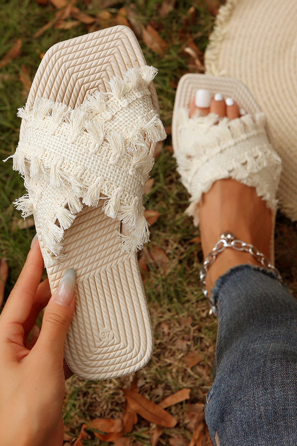 Vada Tassel Woven Crossed Straps Flat Slippers
